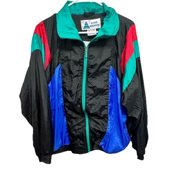 Vintage 80s 90s Windbreaker Size Large Active Sensations Track Suit Jacket Black - Picture 1 of 9